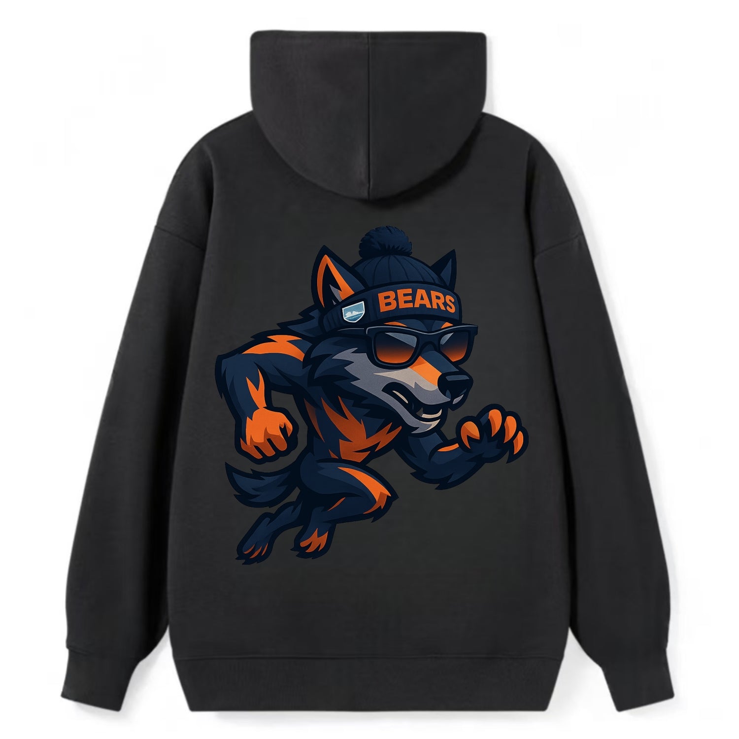 Chicago Wolf wearing Bears beanie with Lake Michigan patch and wayfarer - Classic Pullover Hoodie - Black
