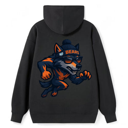 Chicago Wolf wearing Bears beanie with Lake Michigan patch and wayfarer - Classic Pullover Hoodie - Black