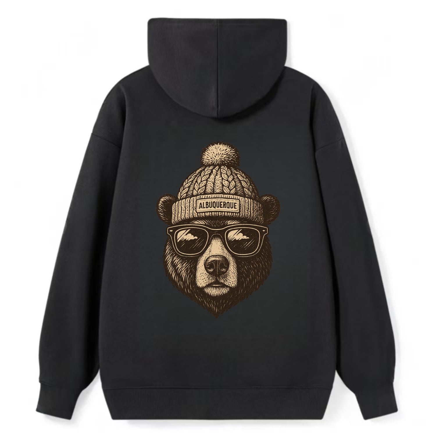 New Mexico Black Bear wearing Albuquerque beanie with pom pom and - Classic Pullover Hoodie - Black