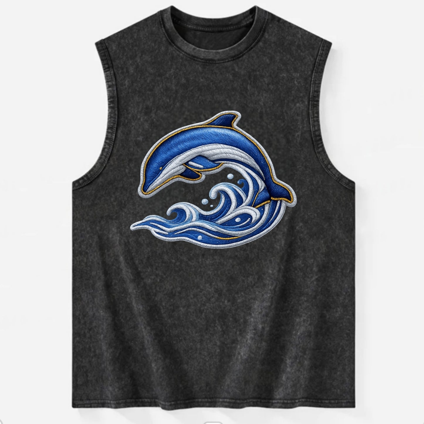 Embroidered patch design - SWIMMING DOLPHIN - diving dolphin with waves in - Vintage Washed Tank - Black