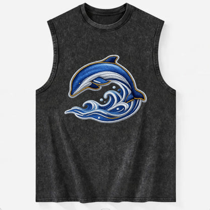 Embroidered patch design - SWIMMING DOLPHIN - diving dolphin with waves in - Vintage Washed Tank - Black