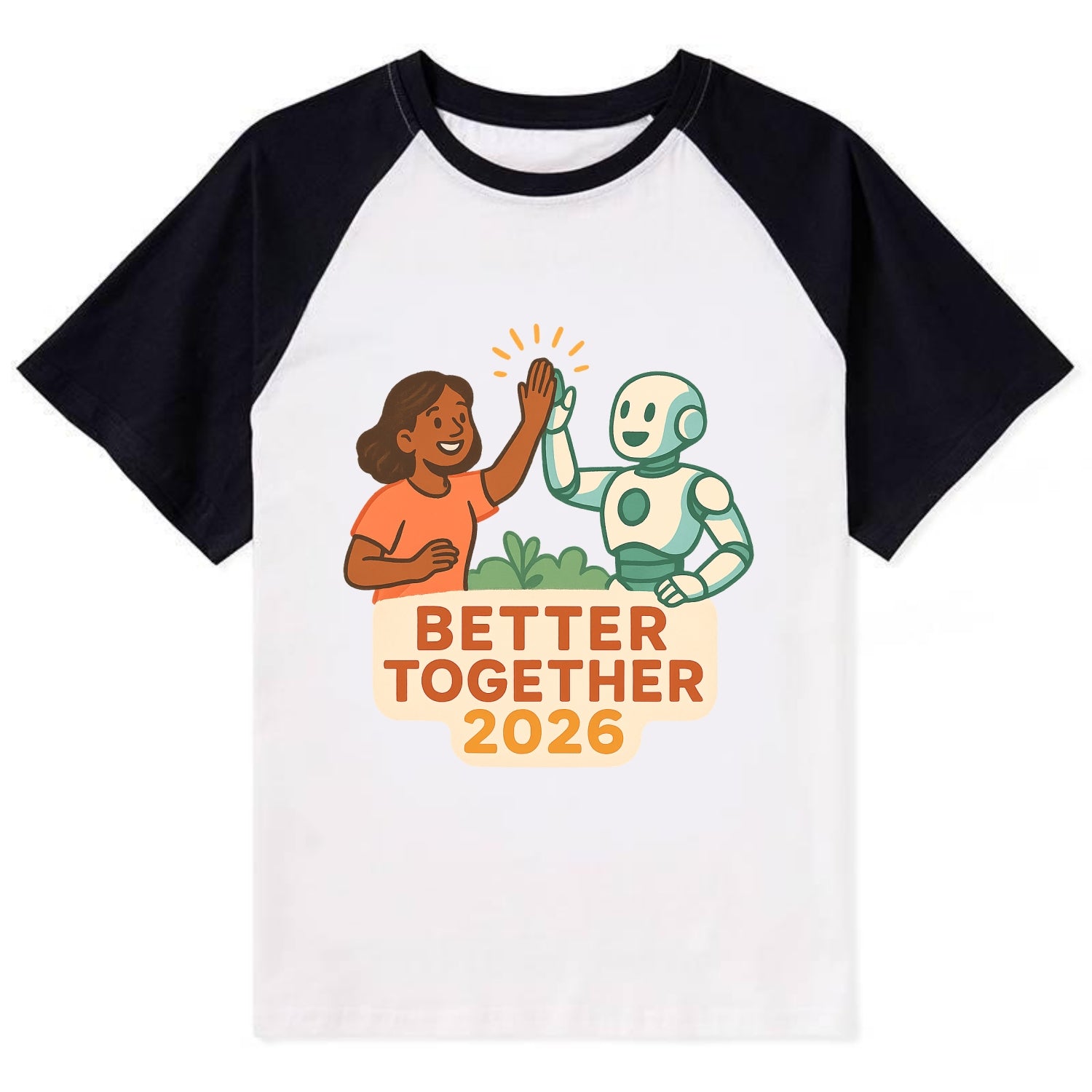 Human and AI robot high-fiving as collaborative partners - "Better - Contrast Raglan T-shirt - Black
