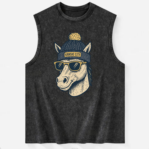 Missouri Mule wearing Kansas City beanie with pom pom and wayfarer sunglasses - Vintage Washed Tank