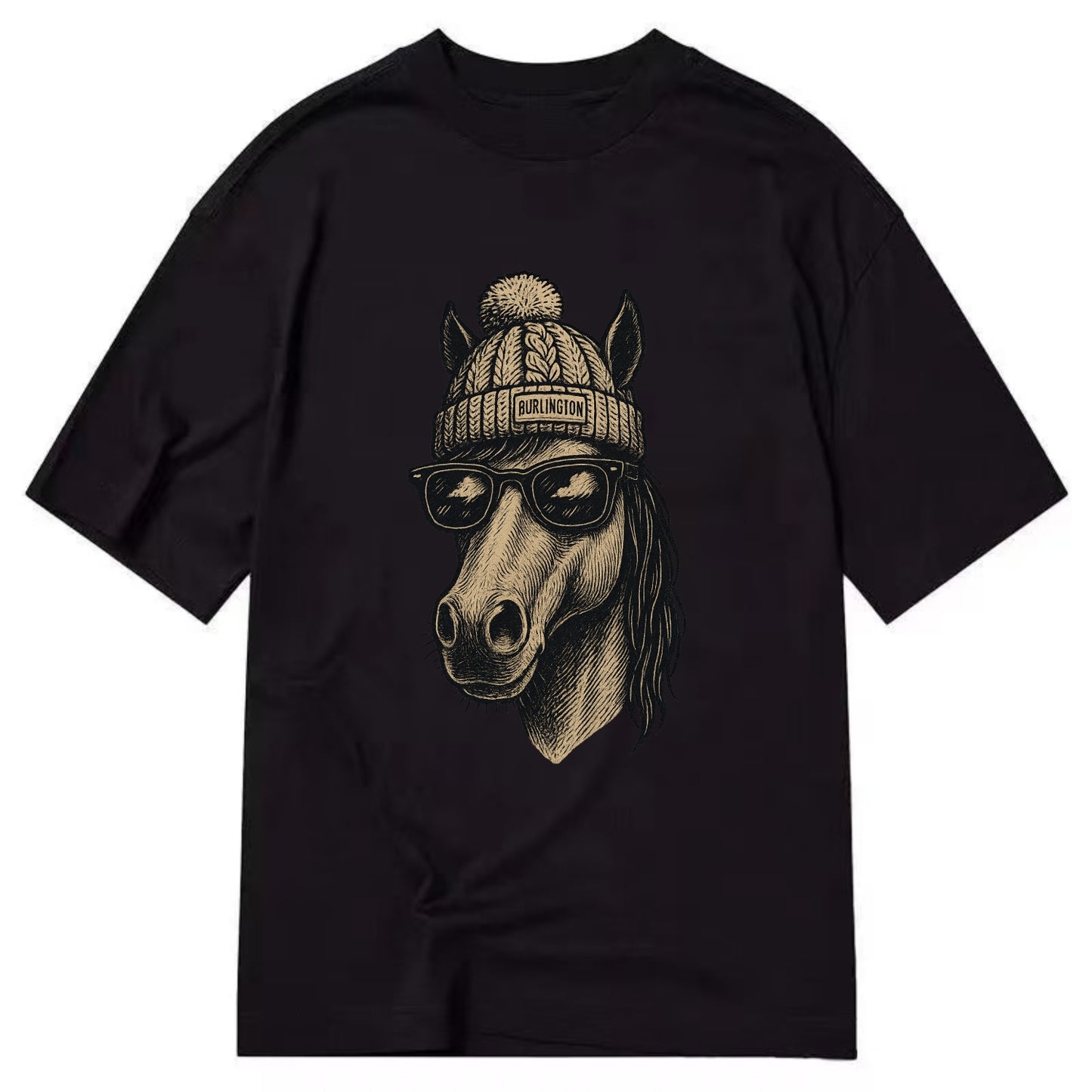 Vermont Morgan Horse wearing Burlington beanie with pom pom and wayfarer - Classic T-shirt - Black