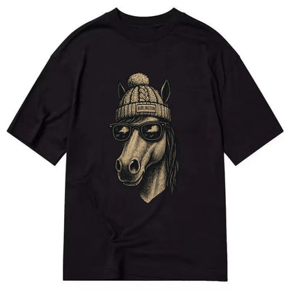 Vermont Morgan Horse wearing Burlington beanie with pom pom and wayfarer - Classic T-shirt - Black