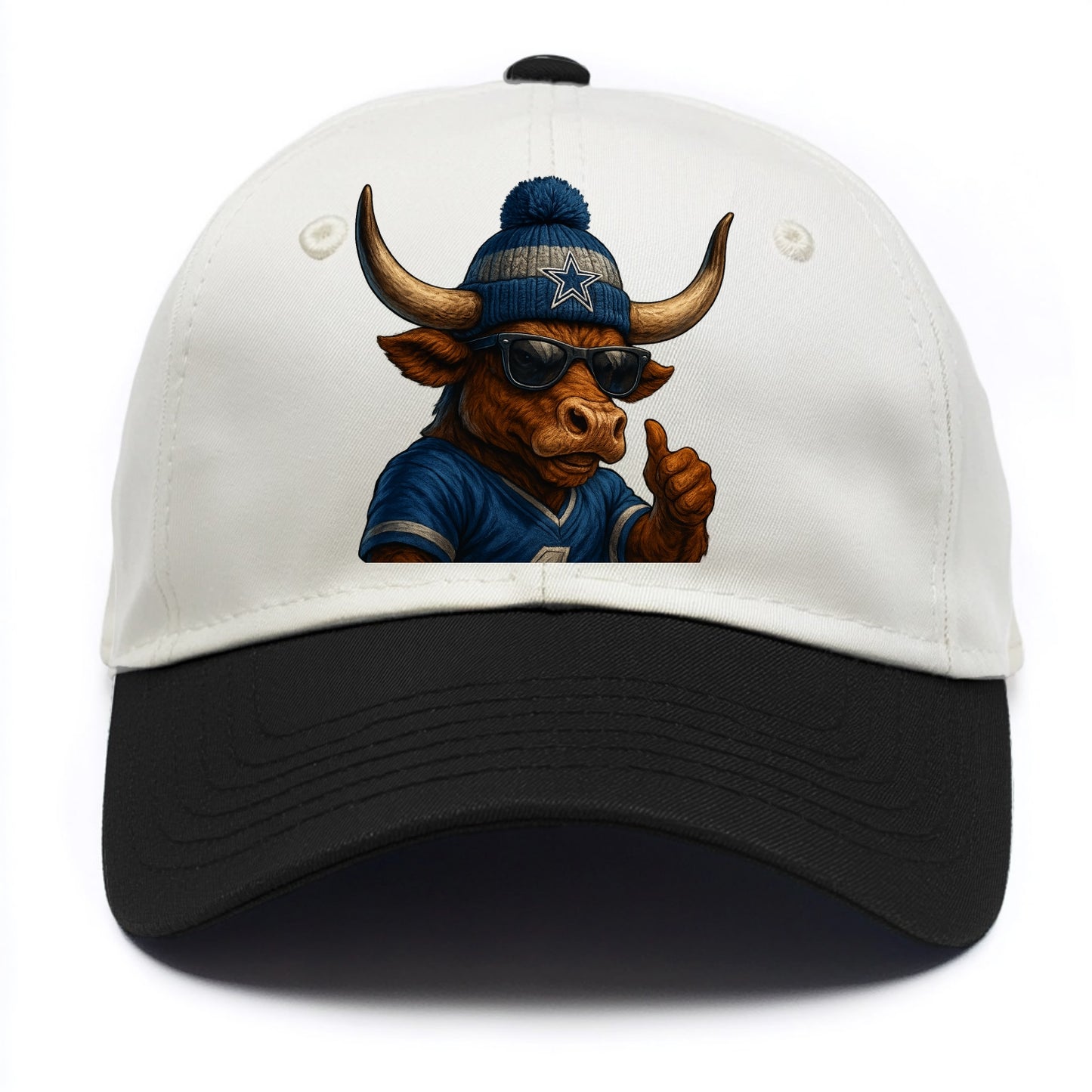 Texas Longhorn wearing Cowboys silver and blue beanie with star and wayfarer - Two Tone Cap - Black