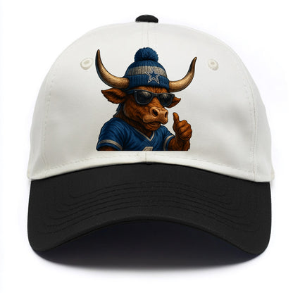 Texas Longhorn wearing Cowboys silver and blue beanie with star and wayfarer - Two Tone Cap - Black