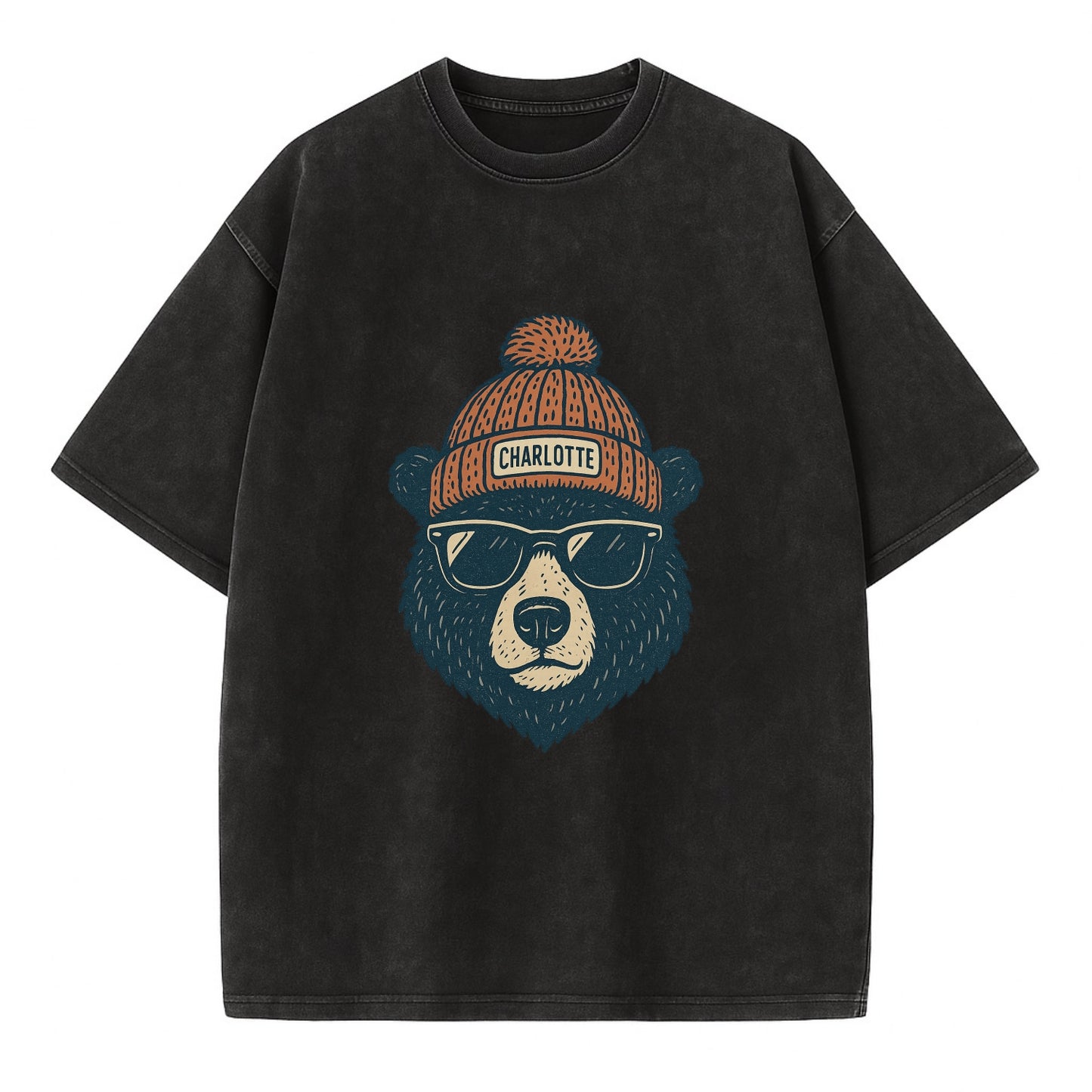 North Carolina Black Bear wearing Charlotte beanie with pom pom and wayfarer - Vintage T-shirt - Black