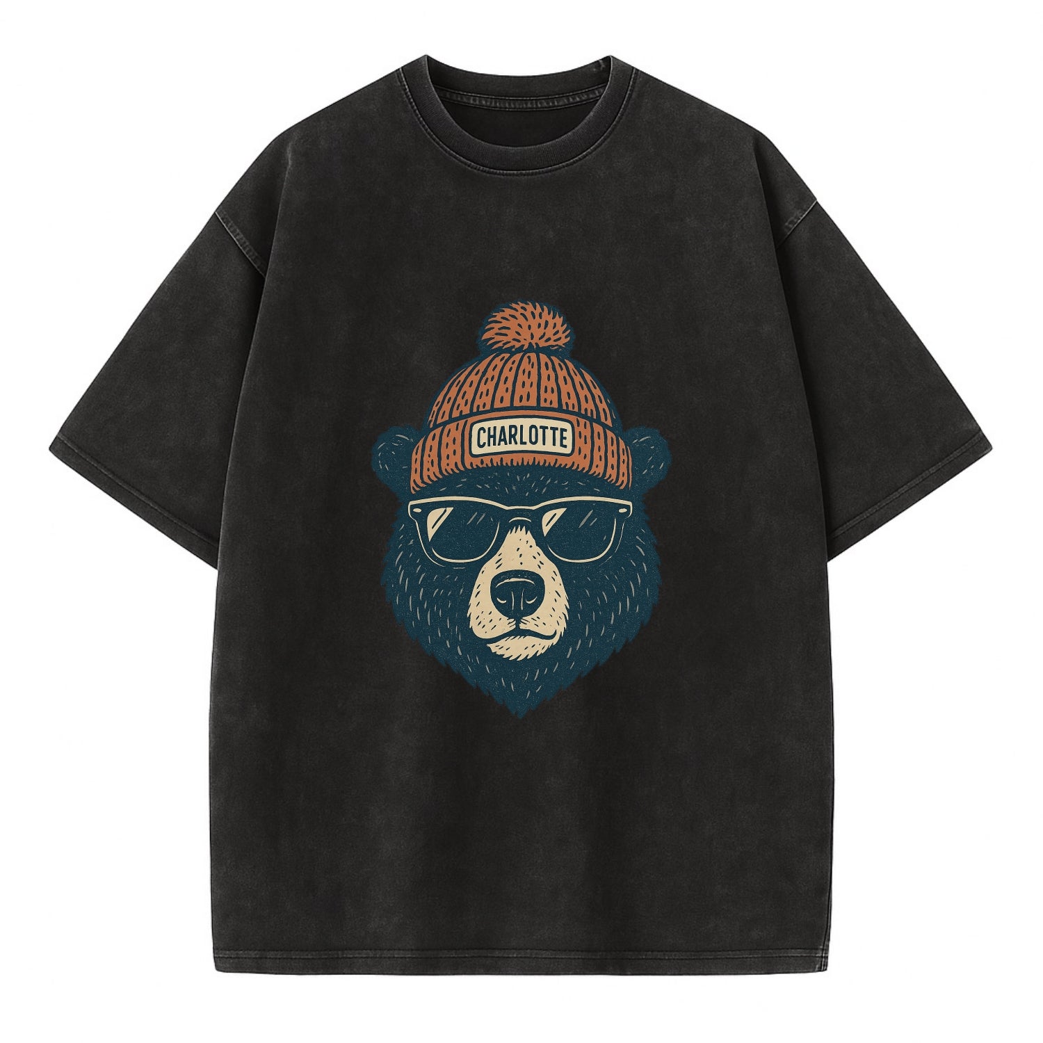 North Carolina Black Bear wearing Charlotte beanie with pom pom and wayfarer - Vintage T-shirt - Black