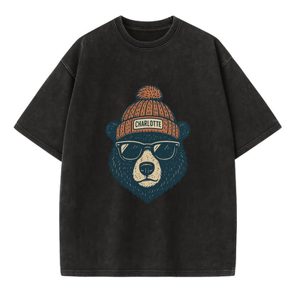 North Carolina Black Bear wearing Charlotte beanie with pom pom and wayfarer - Vintage T-shirt - Black