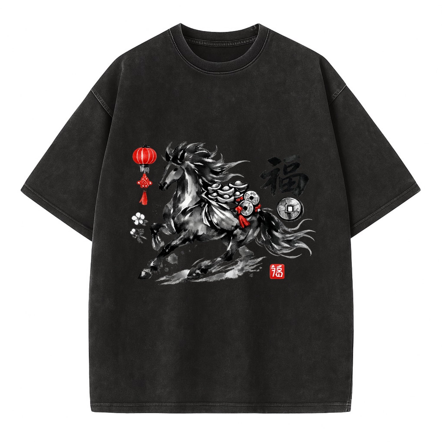PROSPERITY HORSE | Horse carrying gold ingots and coins | Chinese knot - Vintage T-shirt - Black