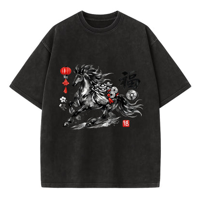 PROSPERITY HORSE | Horse carrying gold ingots and coins | Chinese knot - Vintage T-shirt - Black