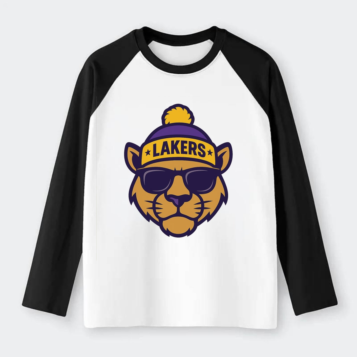 LA Mountain Lion wearing Lakers purple and gold beanie with - Raglan Long Sleeve T-Shirt - Black