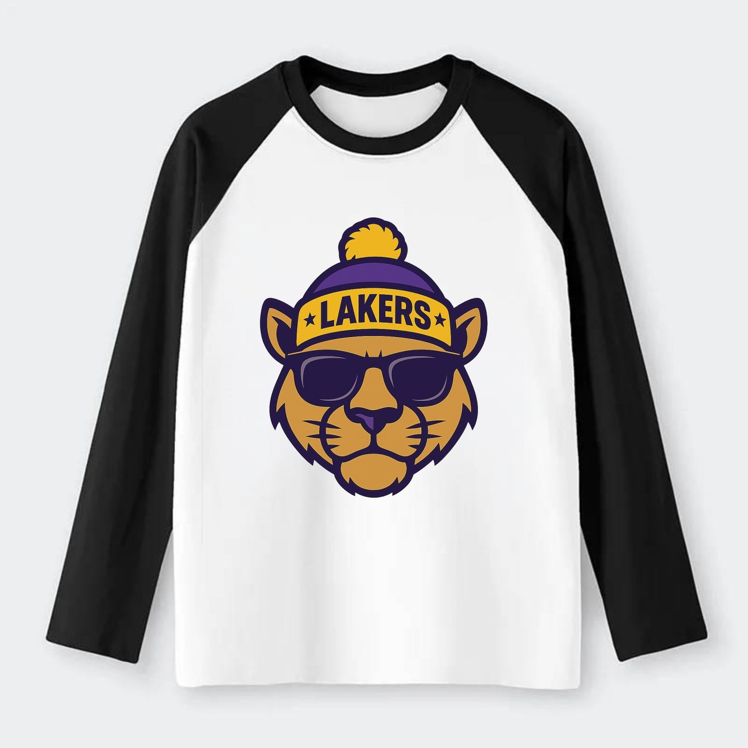 LA Mountain Lion wearing Lakers purple and gold beanie with - Raglan Long Sleeve T-Shirt - Black