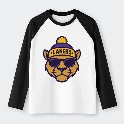 LA Mountain Lion wearing Lakers purple and gold beanie with - Raglan Long Sleeve T-Shirt - Black