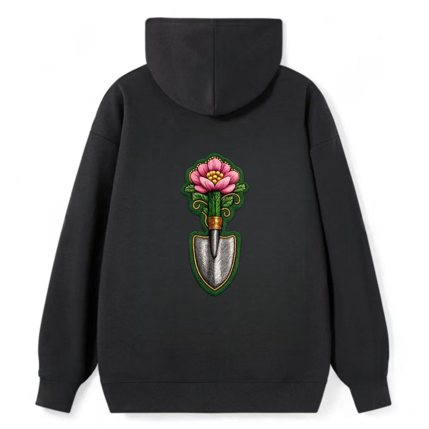 Embroidered patch design - GARDENING TROWEL FLOWER - garden tool with - Classic Pullover Hoodie - Black