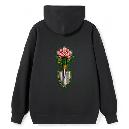 Embroidered patch design - GARDENING TROWEL FLOWER - garden tool with - Classic Pullover Hoodie - Black