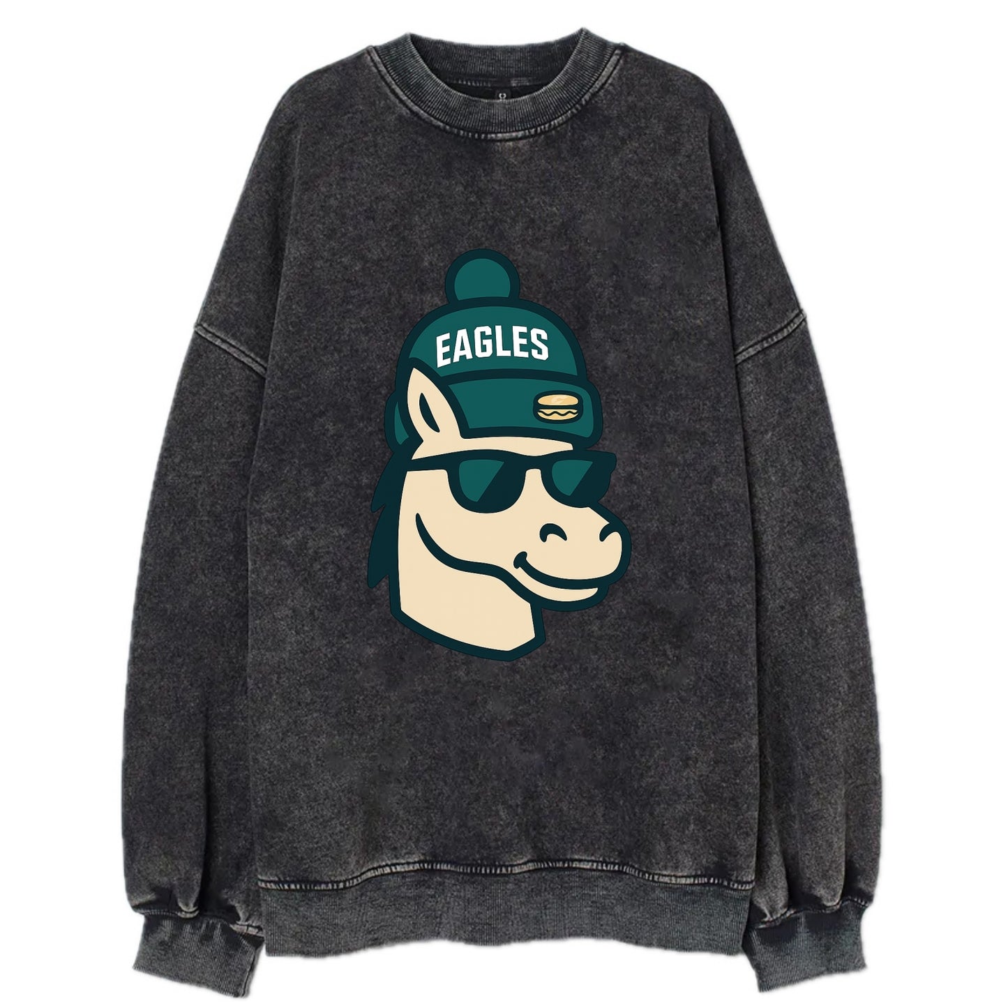 Philadelphia Horse wearing Eagles beanie with cheesesteak patch and wayfarer - Vintage Sweatshirt - Black