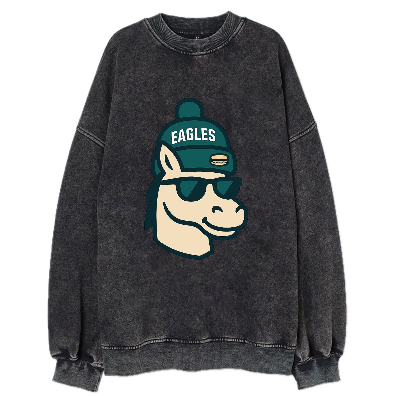 Philadelphia Horse wearing Eagles beanie with cheesesteak patch and wayfarer - Vintage Sweatshirt - Black
