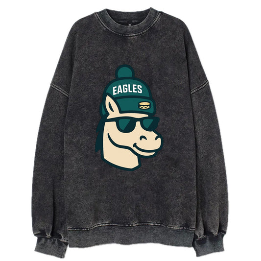 Philadelphia Horse wearing Eagles beanie with cheesesteak patch and wayfarer - Vintage Sweatshirt - Black
