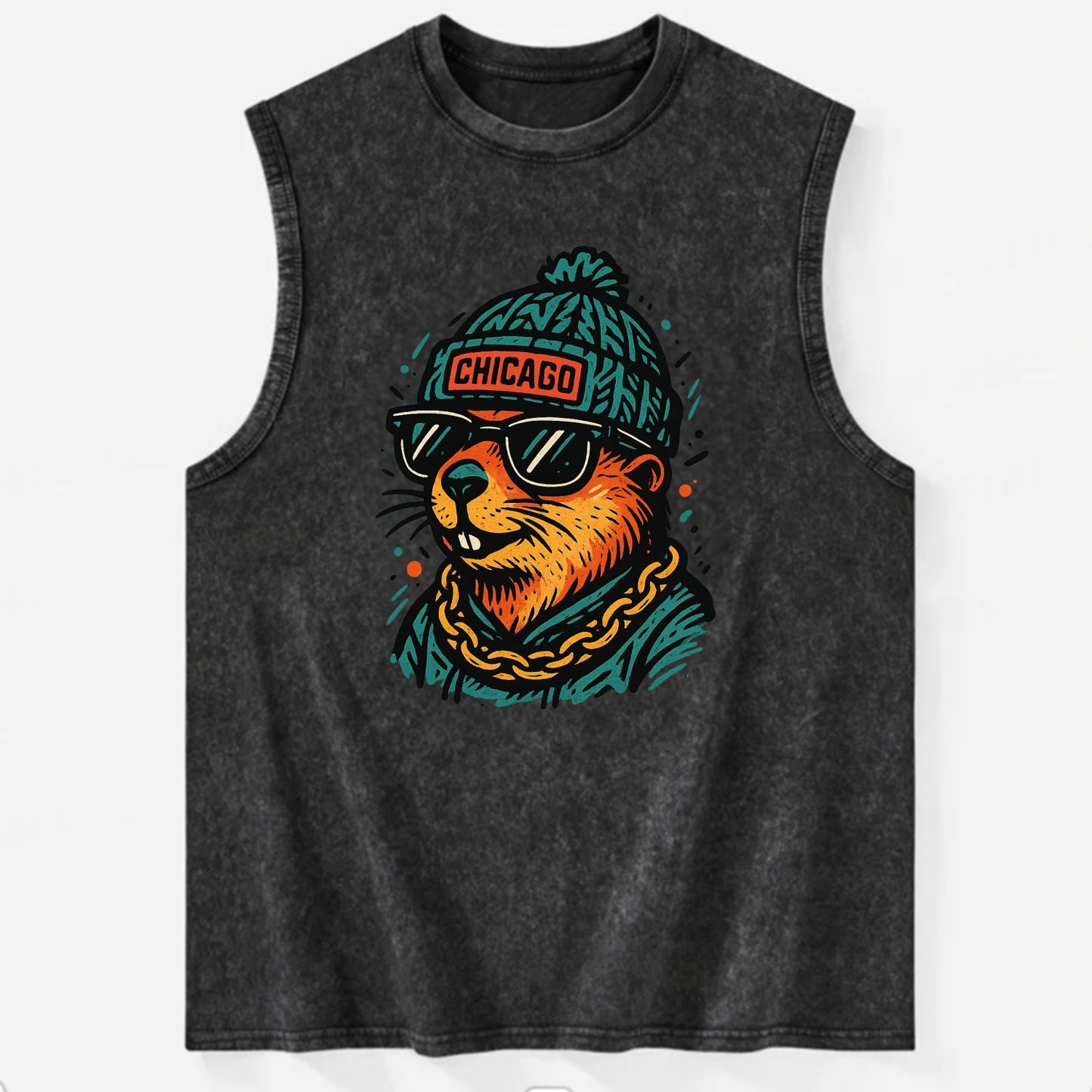 Illinois Prairie Dog wearing Chicago beanie with pom pom and wayfarer - Vintage Washed Tank - Black