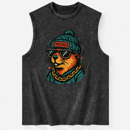 Illinois Prairie Dog wearing Chicago beanie with pom pom and wayfarer - Vintage Washed Tank - Black