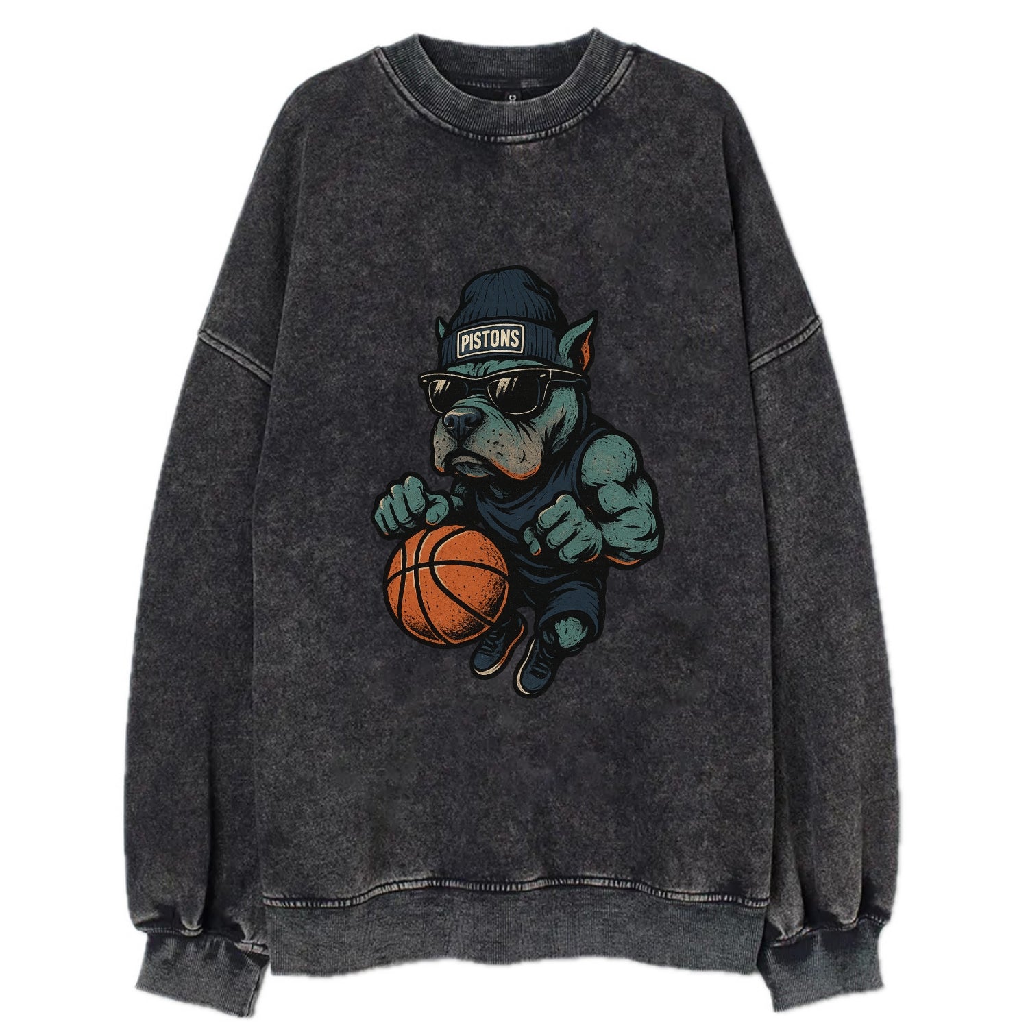 Detroit Pitbull wearing Pistons beanie with chrome patch and wayfarer - Vintage Sweatshirt - Black