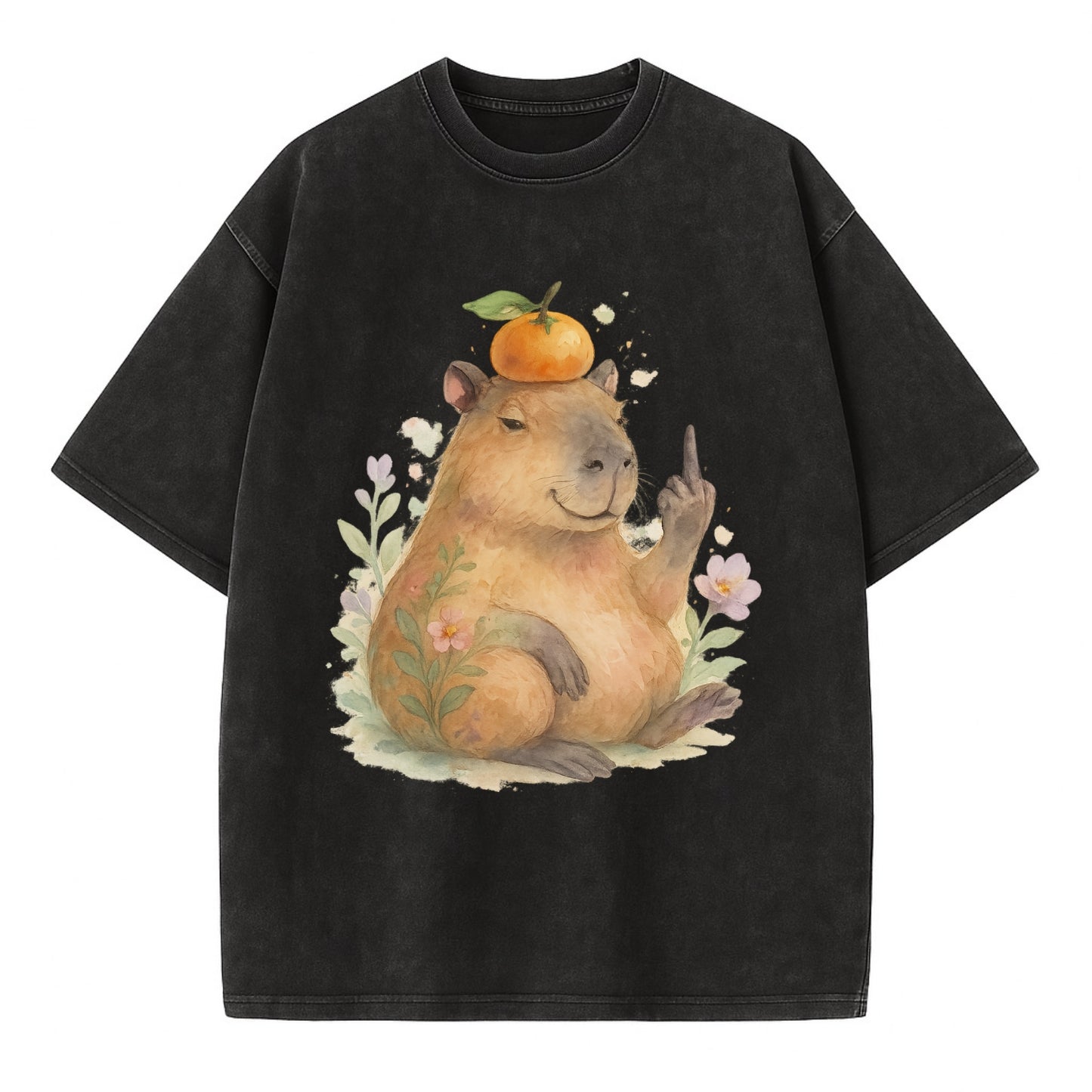 chonky capybara relaxing with orange on head, one webbed middle finger up - Vintage T-shirt - Black