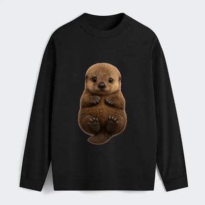 Baby Sea Otter - brown fluffy, floating on back, tiny paws, bright - Classic Long Sleeve Shirt - Black