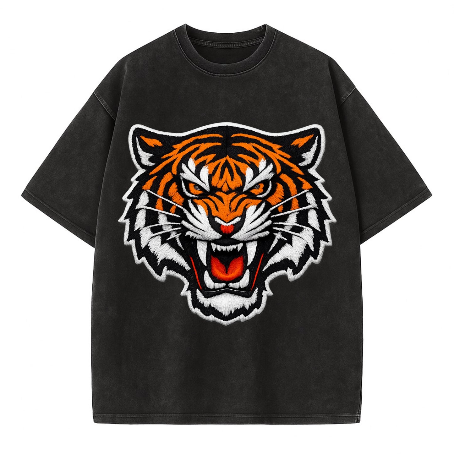 TIGER STRIPES FACE - fierce tiger face in orange, black and white , predator power - Vintage T-shirt - Black