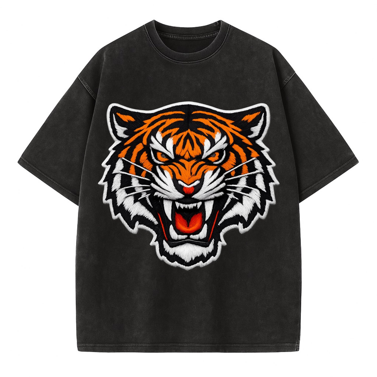 TIGER STRIPES FACE - fierce tiger face in orange, black and white , predator power - Vintage T-shirt - Black