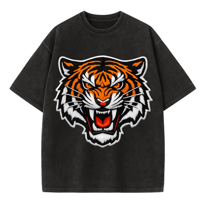 TIGER STRIPES FACE - fierce tiger face in orange, black and white , predator power - Vintage T-shirt - Black