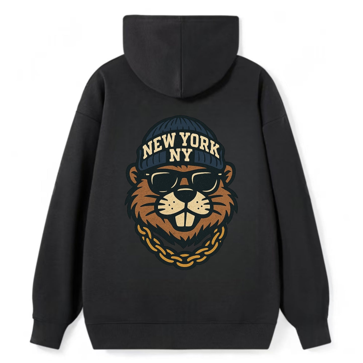 {"animal":"beaver","locationText":"NEW YORK","initials":"NY","beanieColor" - Classic Pullover Hoodie - Black