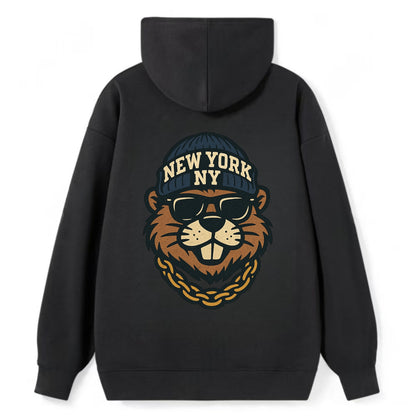 {"animal":"beaver","locationText":"NEW YORK","initials":"NY","beanieColor" - Classic Pullover Hoodie - Black