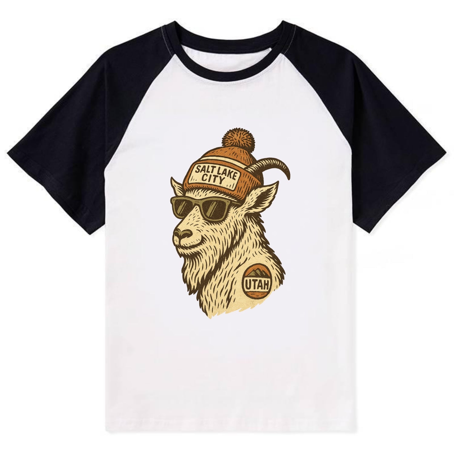Utah Mountain Goat wearing Salt Lake City beanie with pom pom and - Contrast Raglan T-shirt - Black