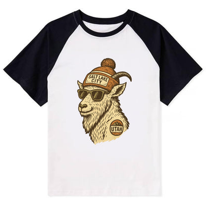 Utah Mountain Goat wearing Salt Lake City beanie with pom pom and - Contrast Raglan T-shirt - Black