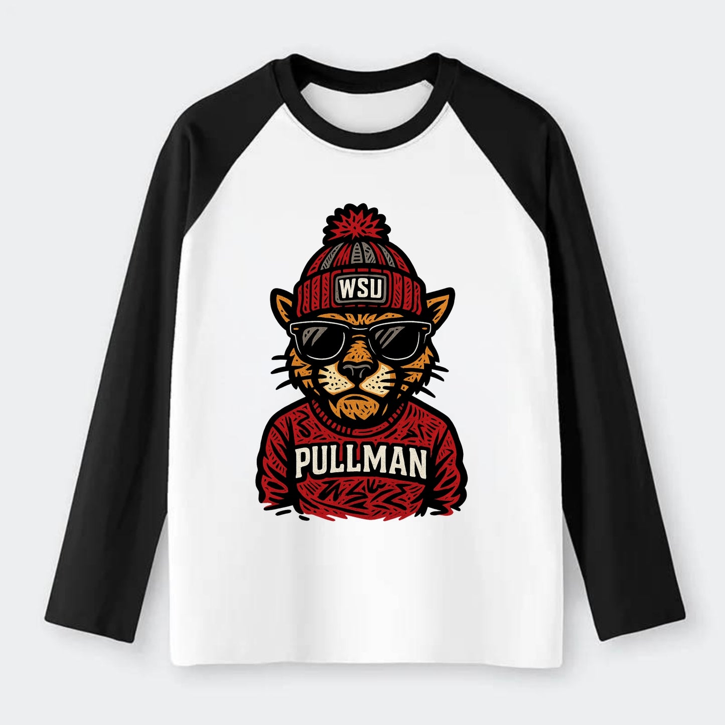 Pullman Cougar wearing Washington State beanie with WSU patch - Raglan Long Sleeve T-Shirt - Black