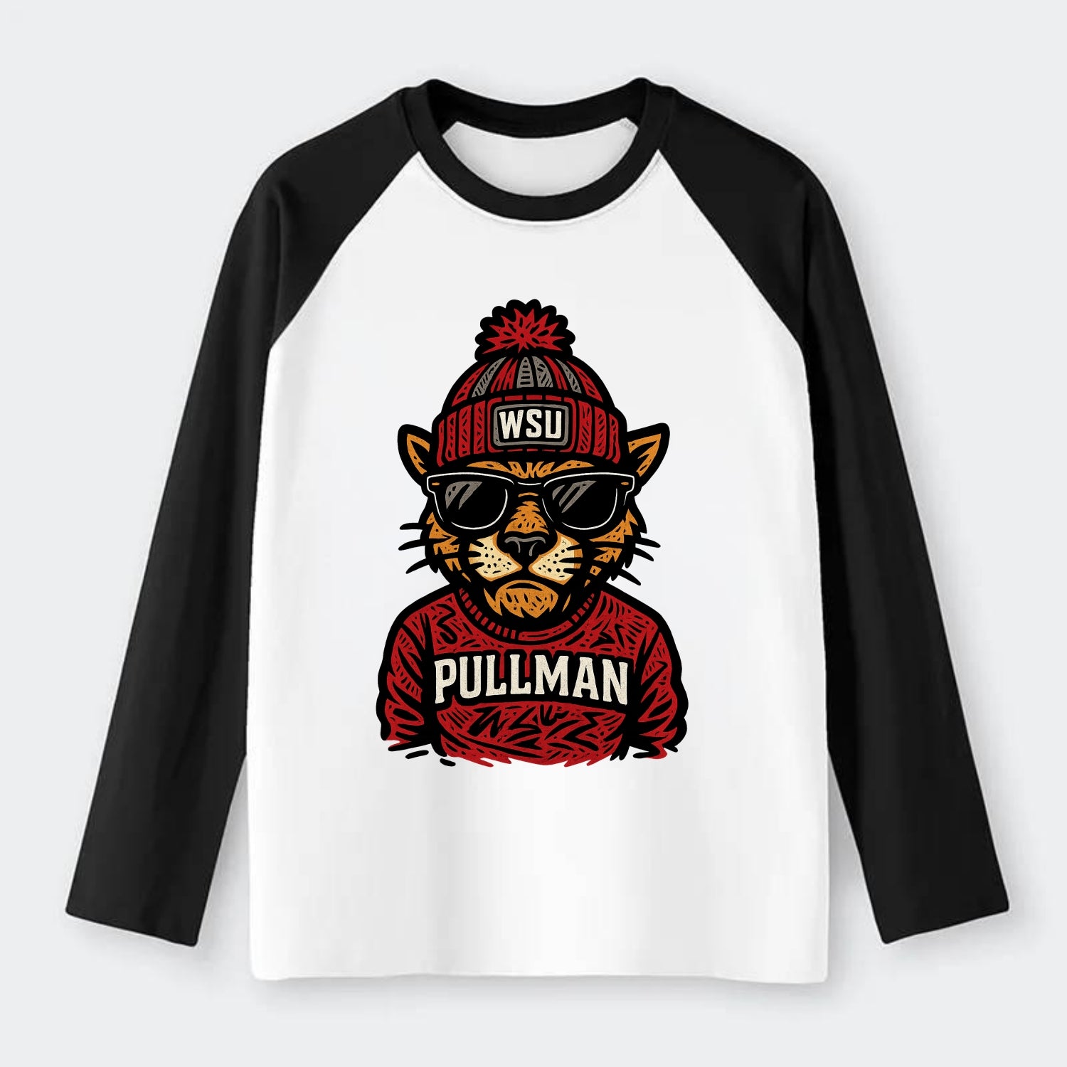 Pullman Cougar wearing Washington State beanie with WSU patch - Raglan Long Sleeve T-Shirt - Black