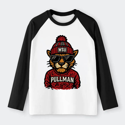 Pullman Cougar wearing Washington State beanie with WSU patch - Raglan Long Sleeve T-Shirt - Black