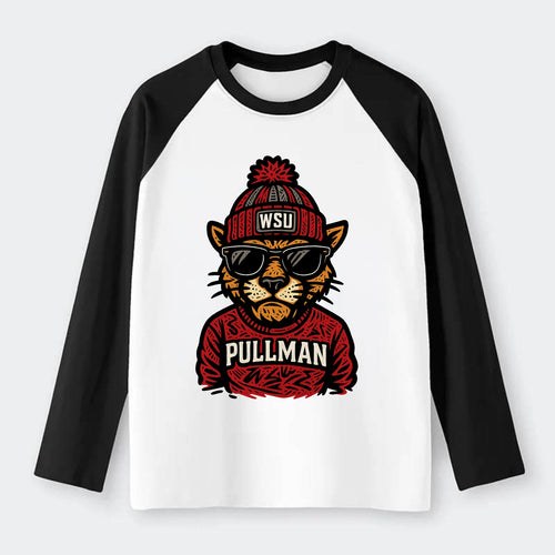 Pullman Cougar wearing Washington State beanie with WSU patch - Raglan Long Sleeve T-Shirt