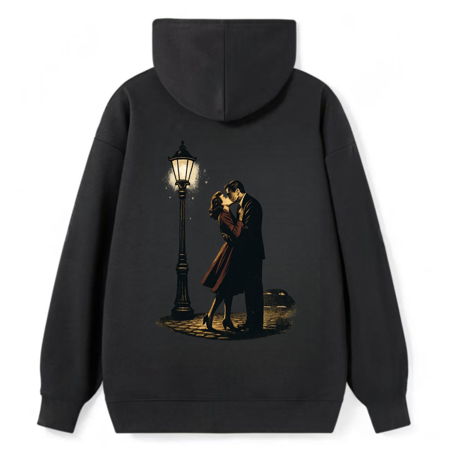 first kiss under vintage street lamp on cobblestone at night - Classic Pullover Hoodie - Black