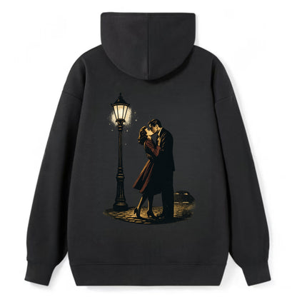 first kiss under vintage street lamp on cobblestone at night - Classic Pullover Hoodie - Black