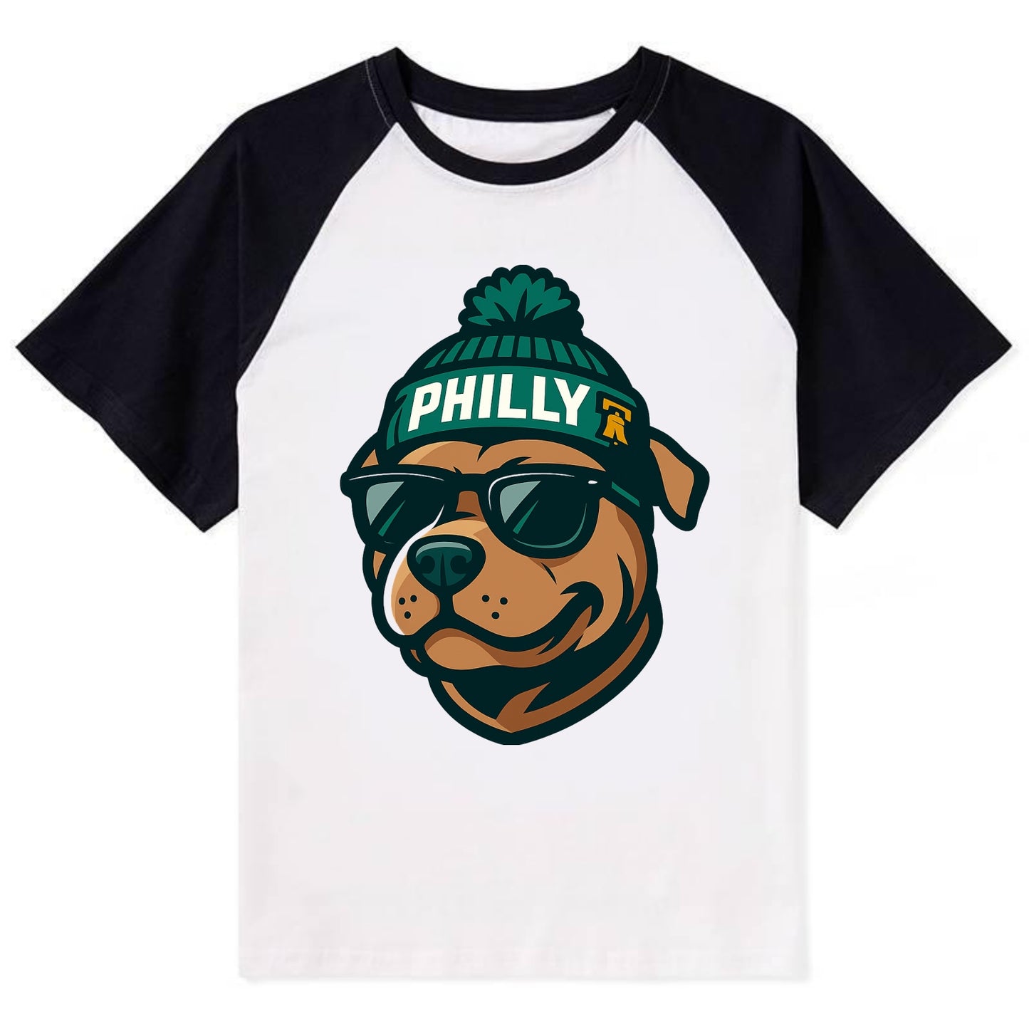 Philly Pitbull wearing Eagles beanie with Liberty Bell patch and wayfarer - Contrast Raglan T-shirt - Black