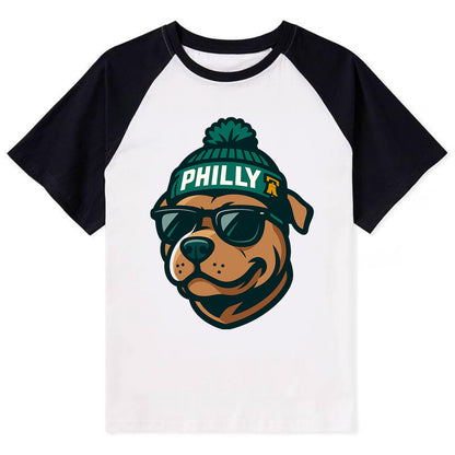 Philly Pitbull wearing Eagles beanie with Liberty Bell patch and wayfarer - Contrast Raglan T-shirt - Black