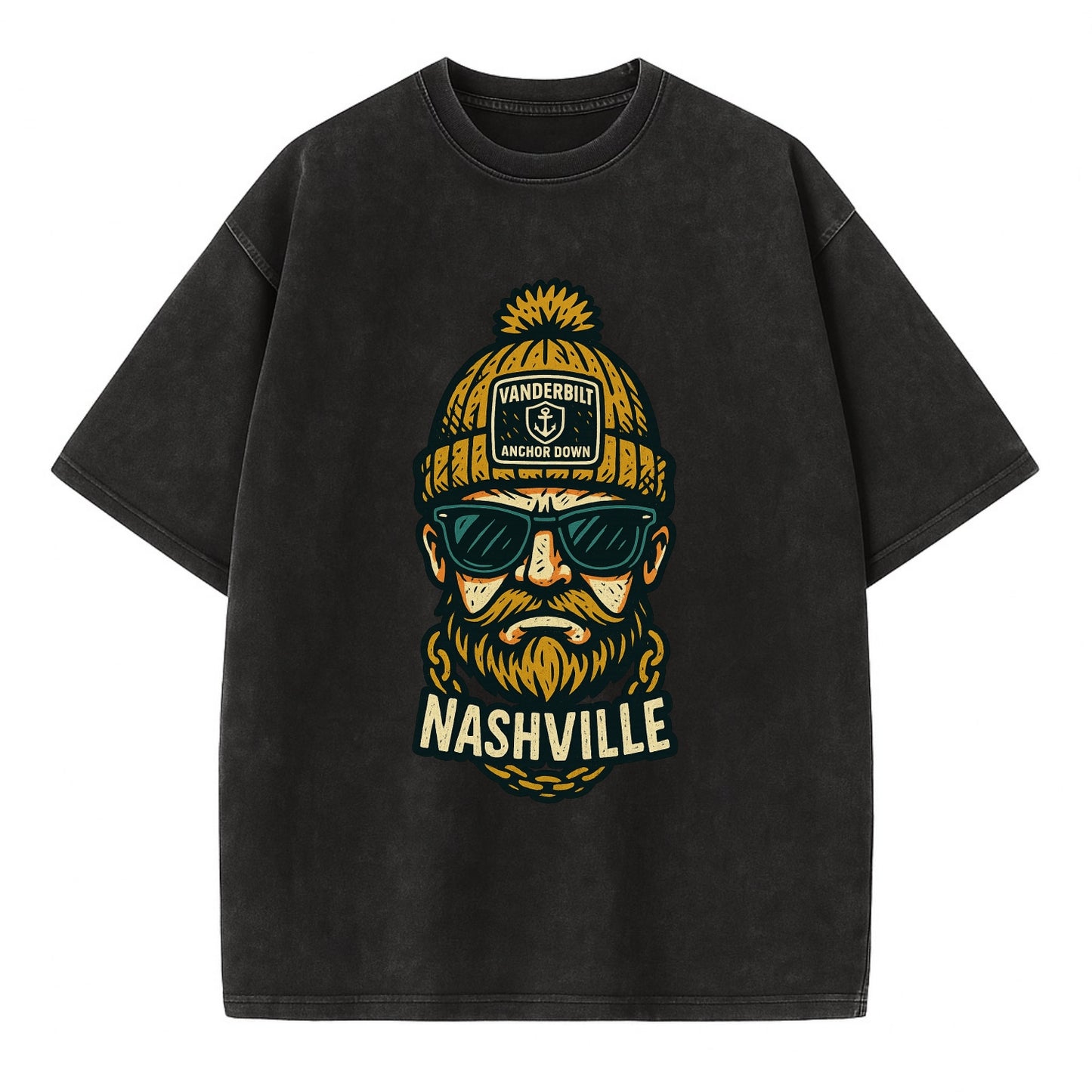 Nashville Commodore wearing Vanderbilt beanie with anchor patch - Vintage T-shirt - Black
