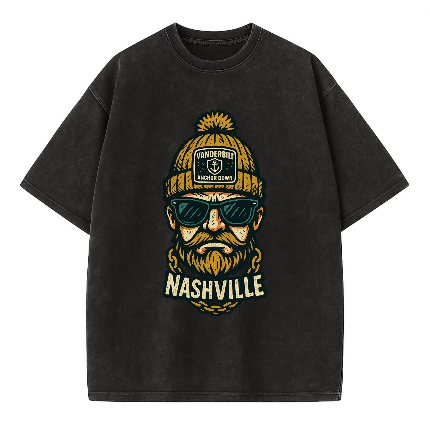 Nashville Commodore wearing Vanderbilt beanie with anchor patch - Vintage T-shirt - Black