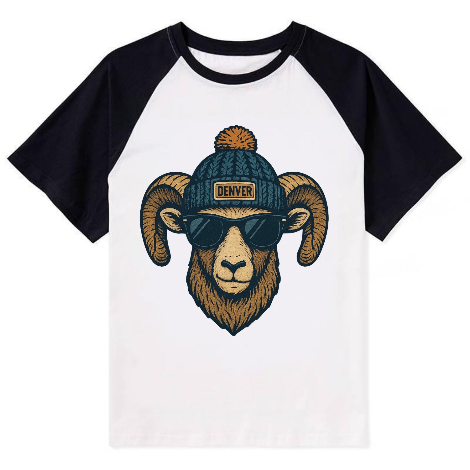 Colorado Rocky Mountain Bighorn Sheep wearing Denver beanie with pom pom - Contrast Raglan T-shirt - Black