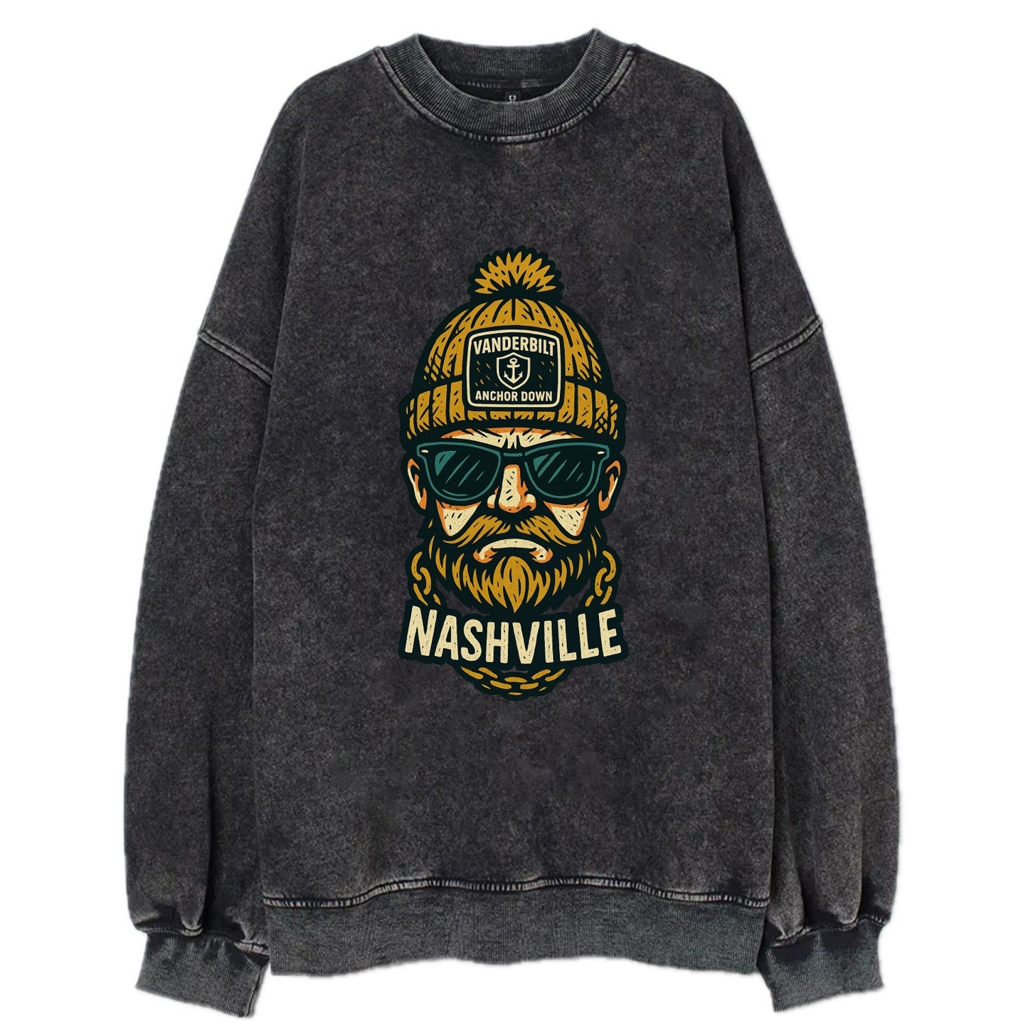 Nashville Commodore wearing Vanderbilt beanie with anchor patch - Vintage Sweatshirt - Black