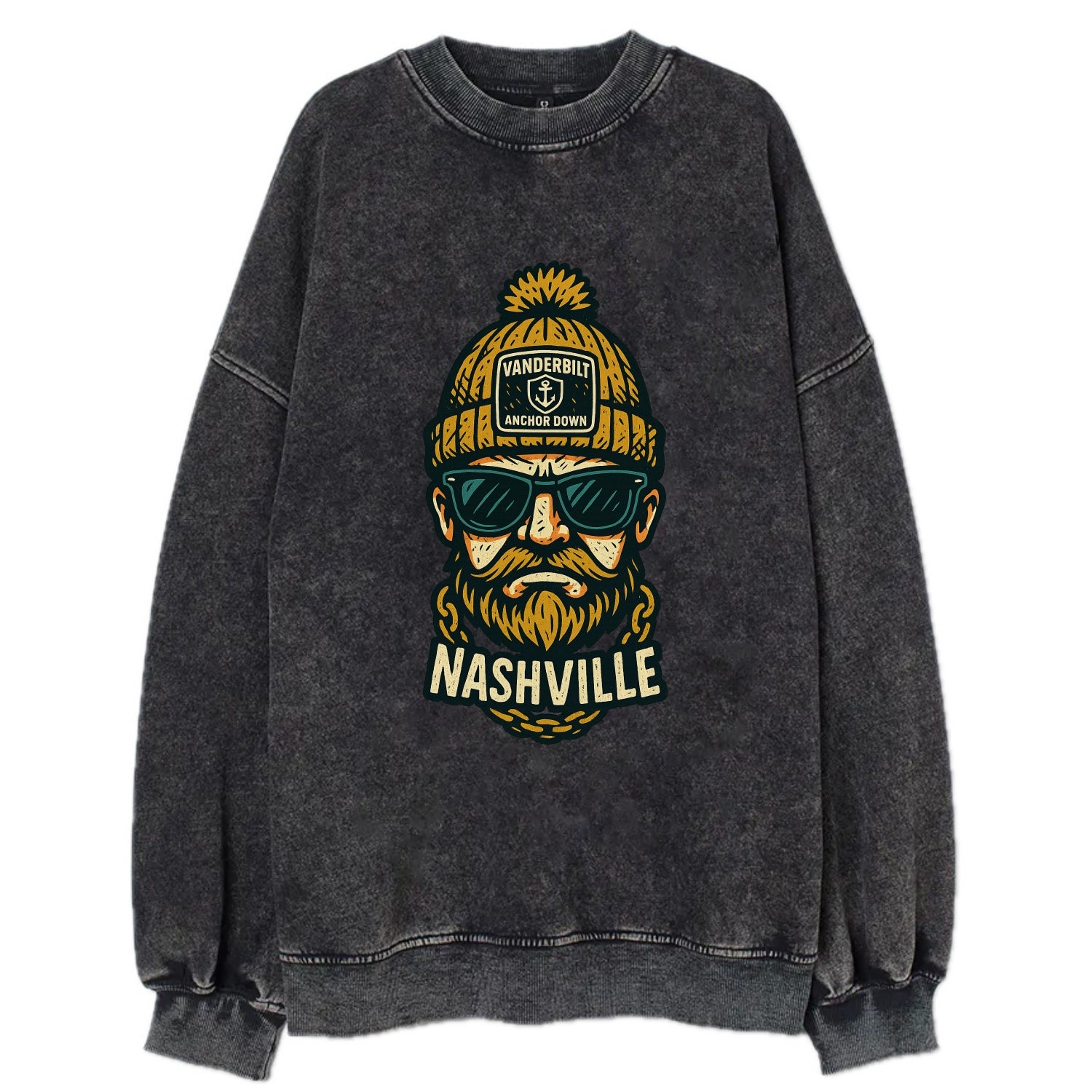 Nashville Commodore wearing Vanderbilt beanie with anchor patch - Vintage Sweatshirt - Black