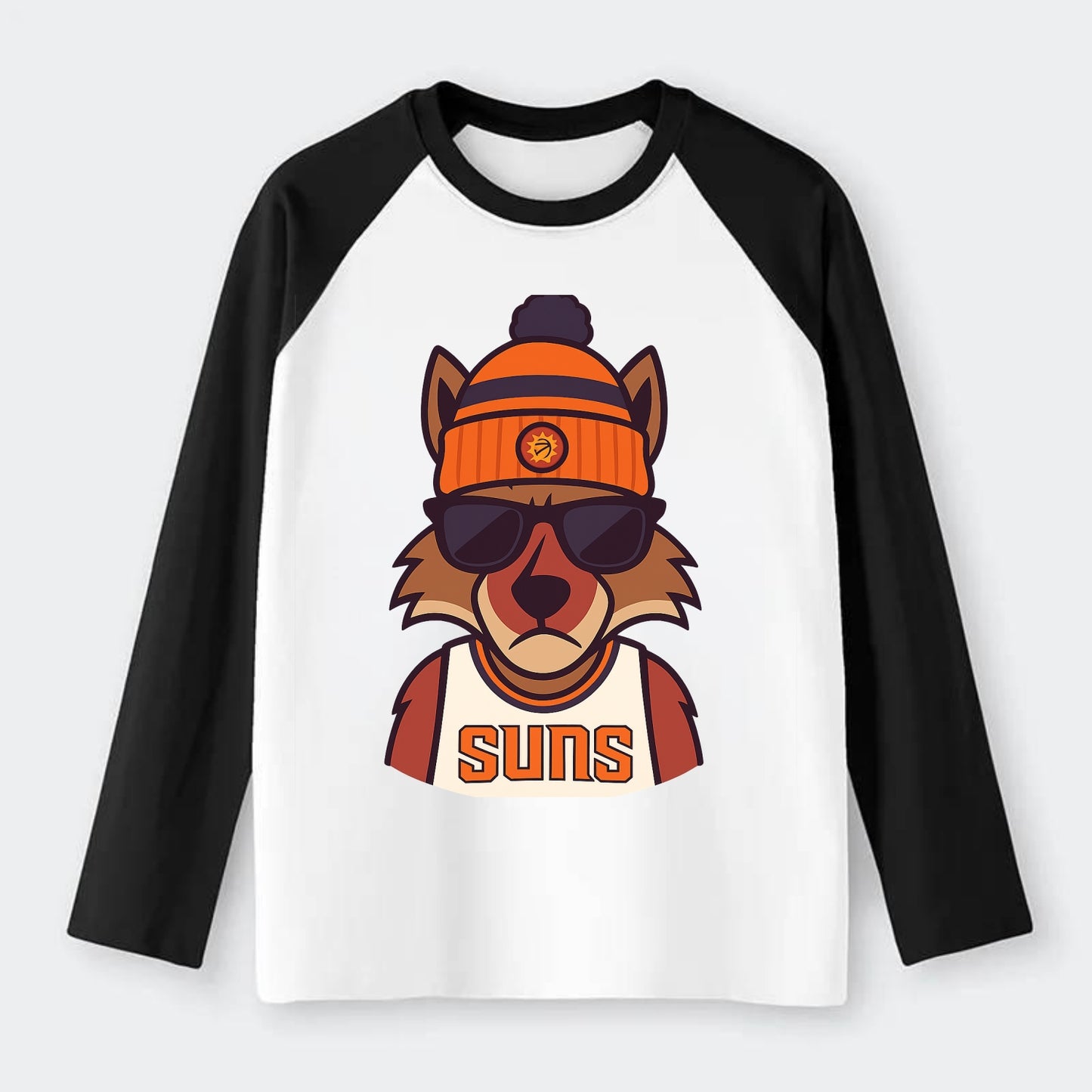 Arizona Coyote wearing Suns beanie with desert sun patch and wayfarer - Raglan Long Sleeve T-Shirt - Black